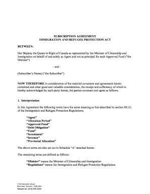 Immigration and Refugee Protection Act Subscription Agreement