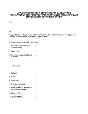Application Form for OBC Reservation Certificate