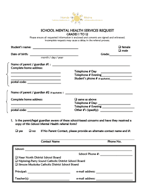 School Mental Health Services Request Form