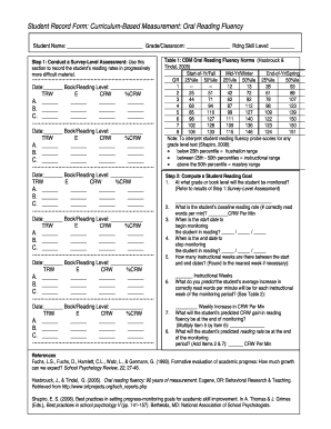 Student Record Form: Curriculum-Based Measurement Oral Reading Fluency