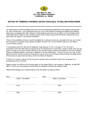 Notice of Possible Reissue Rates for Title Insurance