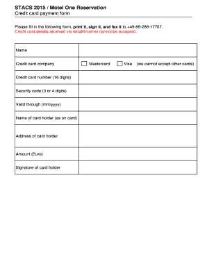 Motel One Credit Card Payment Form