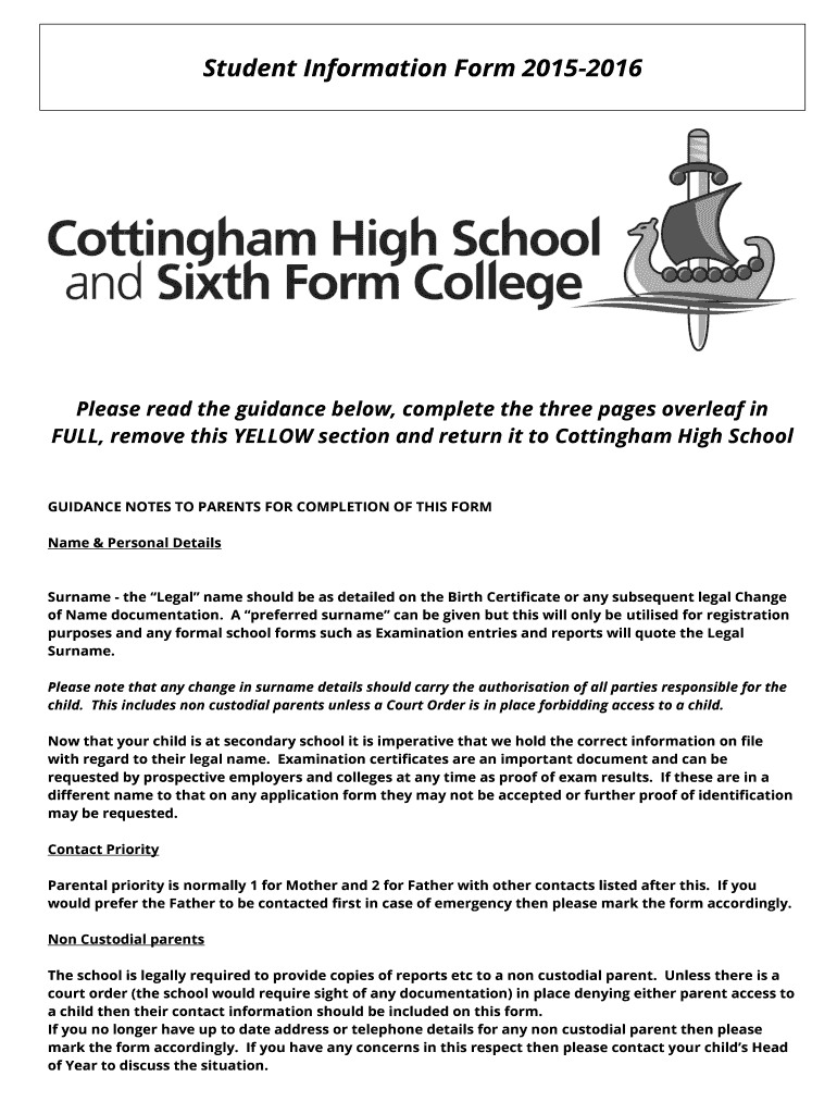 Fillable Online cottinghamhigh Student Information Form 20152016