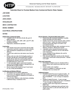 Submittal Sheet for Everlast Medium Duty Commercial Electric Water Heaters