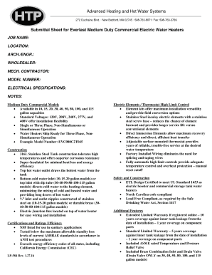 Submittal Sheet for Everlast Medium Duty Commercial Electric Water Heaters