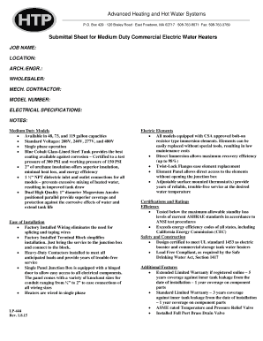 Submittal Sheet for Medium Duty Commercial Electric Water Heaters