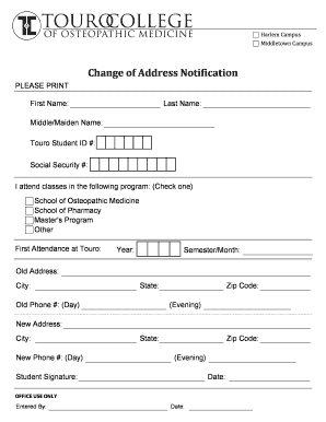 First Name Last Name MiddleMaiden Name PLEASE PRINT I attend classes in the following program (Check one) School of Osteopathic - tourocom touro