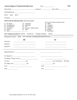 Anterior Segment Testing Order Form