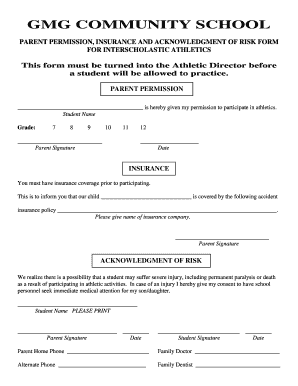 Parent Permission and Insurance Form for Interscholastic Athletics