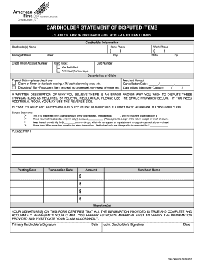 Cardholder Statement of Disputed Items