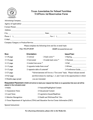 Texas Association for School Nutrition TASNews Ad Reservation Form - tasn