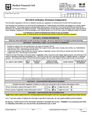 2015-2016 Verification Worksheet (Independent)