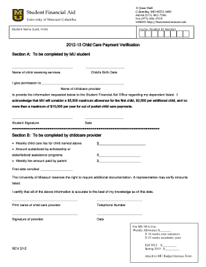 2012-13 Child Care Payment Verification Form