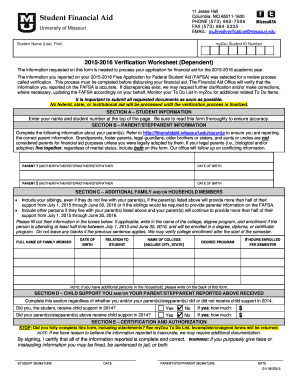 2015-2016 Verification Worksheet (Dependent)