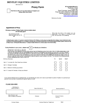 BENTLEY EQUITIES LIMITED Proxy Form All correspondence to