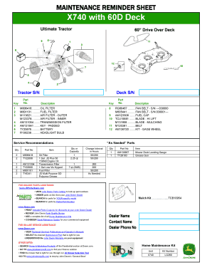 Maintenance Reminder Sheet for X740 Tractor