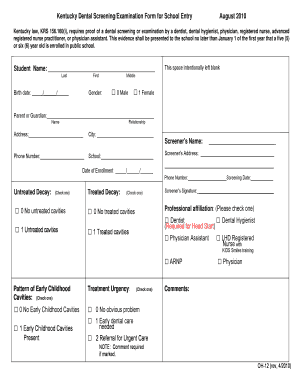 Kentucky Dental Screening Form for School Entry