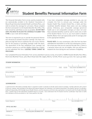 Mount Royal University Student Benefits Personal Information Form