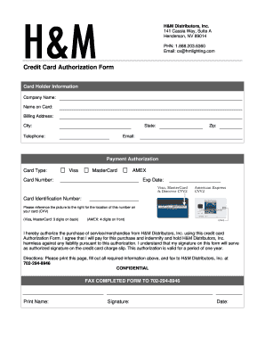 H&M Distributors Credit Card Authorization Form