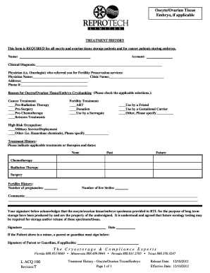 Oocyte/Ovarian Tissue/Embryo Treatment History Form