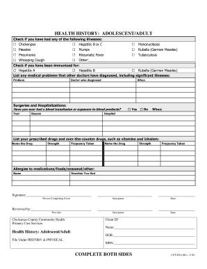 Health History Form for Adolescents and Adults