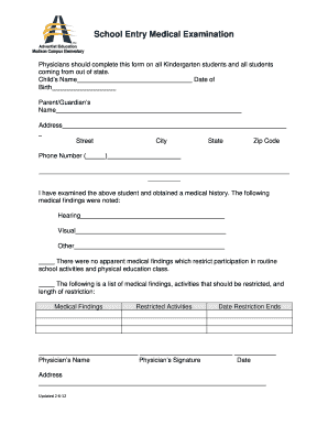School Entry Medical Examination Form