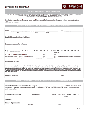 Texas A&M University Official Withdrawal Form