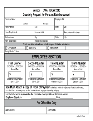 Verizon Quarterly Pendant Reimbursement Request