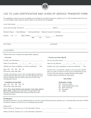 Leo to Lion Certification and Years of Service Transfer Form