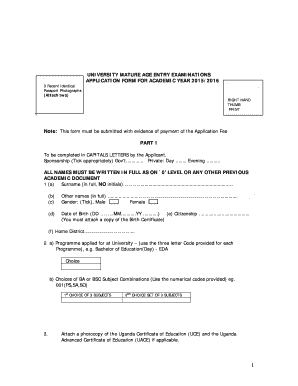 University Mature Age Entry Examination Application Form