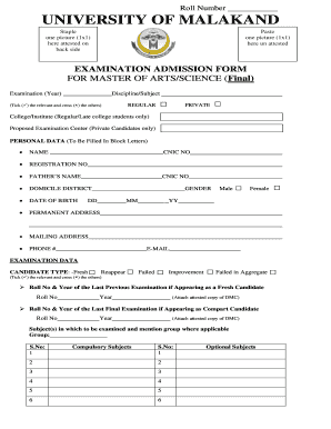 University of Malakand Master of Arts/Science Final Examination Admission Form