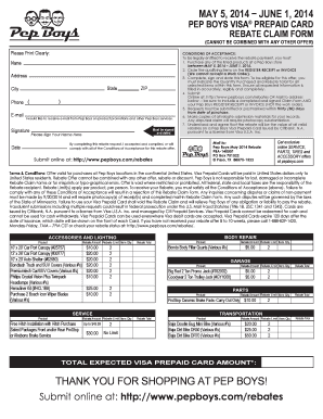 Pep Boys Visa Prepaid Card Rebate Claim Form