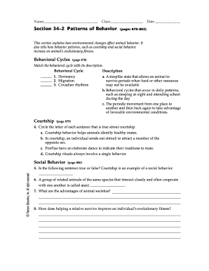 Biology Worksheet on Animal Behavior