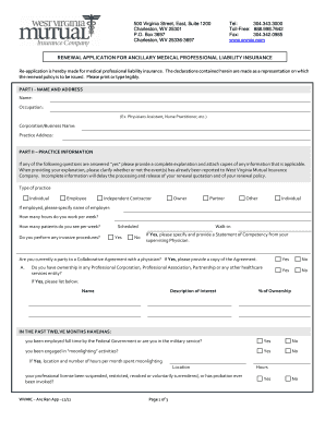 Renewal Application for Ancillary Medical Professional Liability Insurance