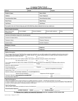 Lexington Public Schools Field Trip Health and Permission Form