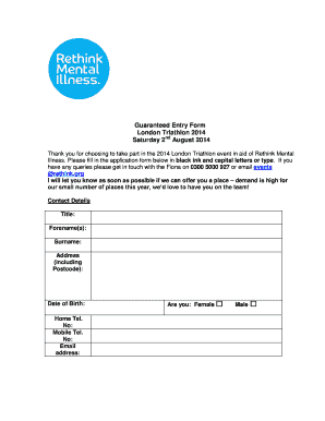 Guaranteed Entry Form London Triathlon 2014 Saturday 2