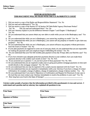 Debtor Questionnaire for US Bankruptcy Court