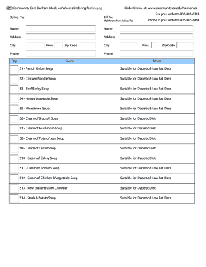 Community Care Durham Meals on Wheels Order Form
