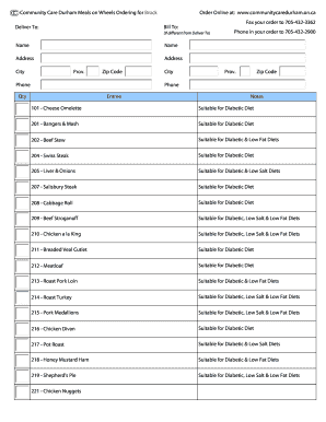 Community Care Durham Meals on Wheels Order Form