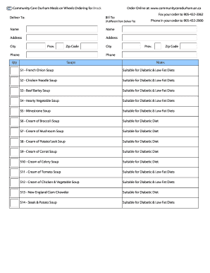 Community Care Durham Meals on Wheels Order Form
