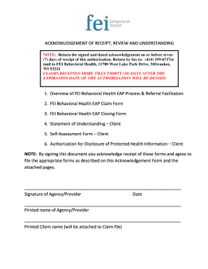 Acknowledgement of Receipt for FEI Behavioral Health EAP Forms