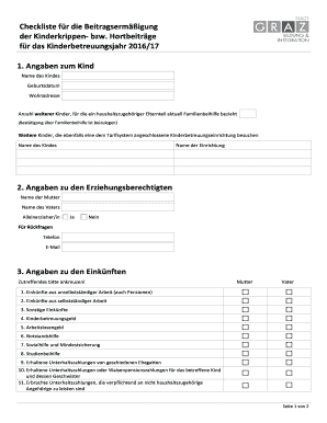 Checkliste für die Beitragsermäßigung der Kinderkrippen‐ bzw. Hortbeiträge