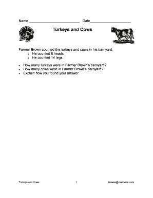 Turkeys and Cows Math Worksheet