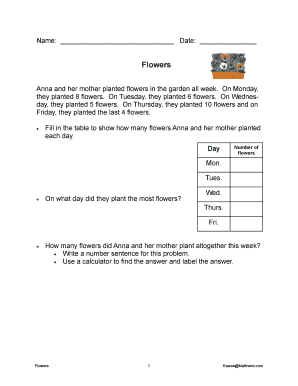 Math Worksheet - Flower Planting