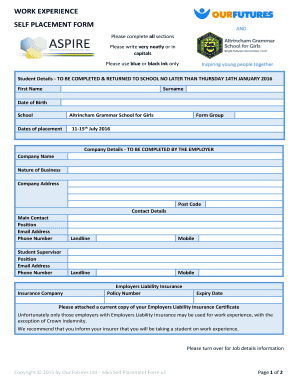 Work Experience Self Placement Form