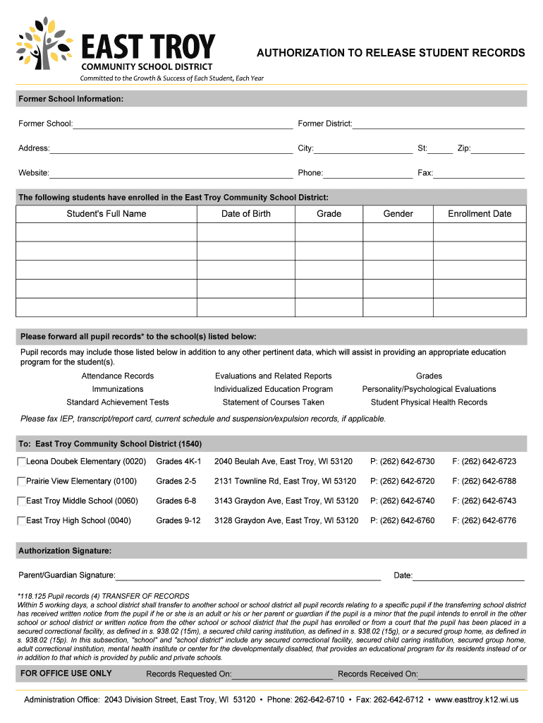 Fillable Online media easttroy k12 wi AUTHORIZATION TO RELEASE STUDENT