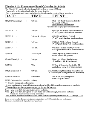 Elementary Bands Yearly Calendar/Policies 2015-2016 - District 101 - d101