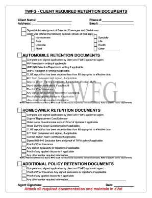 TWFG Client Required Retention Documents