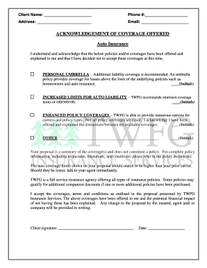 Acknowledgement of Auto Insurance Coverage Offered