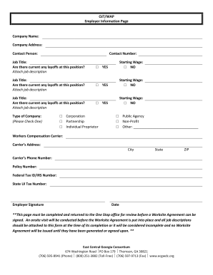 Employer Information Page for Worksite Agreement